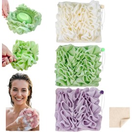 Combo de Esponja Vegetal 2 En 1 con Soporte para Jabón En Barra Y Bola de Ducha Exfoliante para Un Cuerpo Suave Y Una Piel Suave Incluye Paño de Cocina de Esponja Vegetal(Blanco, Verde Y Mor