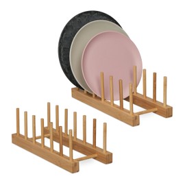 Relaxdays Plate Stand for 6 Plates, Boards, Lids, Set of 2, Bamboo, H x D: 10 x 12 x 29.5 cm, Natural