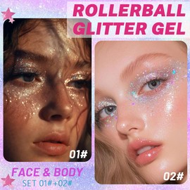 Roll-On Glitter Gel for Face, Body & Hair, Holographic Shimmer, Long Lasting, Festival Rave Party Makeup, 12 Colors (01+02)