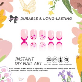 Press on Nails Short Almond French Tip Fake Nails Pink Full Cover Floral False Nails with White Star Designs Glossy Glue on Nails Cute Acrylic Manicure Artificial Nails for Women Girls 24Pcs