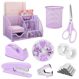 SKYDUE Purple Office Supplies, Purple Desk Organizer for Kids, Mesh Desk Organizer, Stapler, Tape Dispenser, Scissors, Binder/Paper Clips and 1000pcs Staples, Girls Desk Accessories