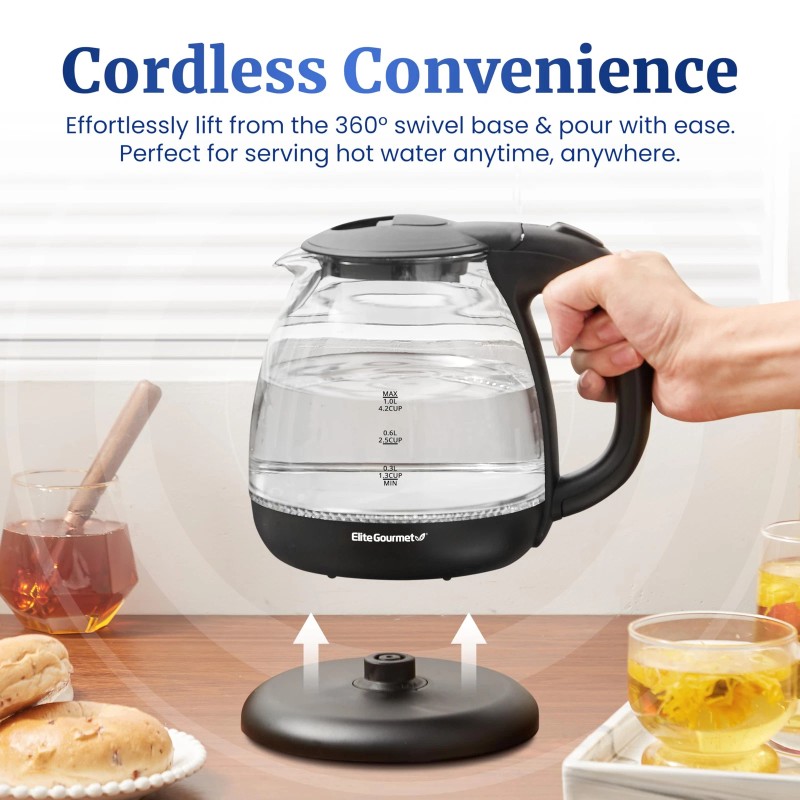 Elite Gourmet 1L Electric Glass Water Kettle Cordless 900 1100W