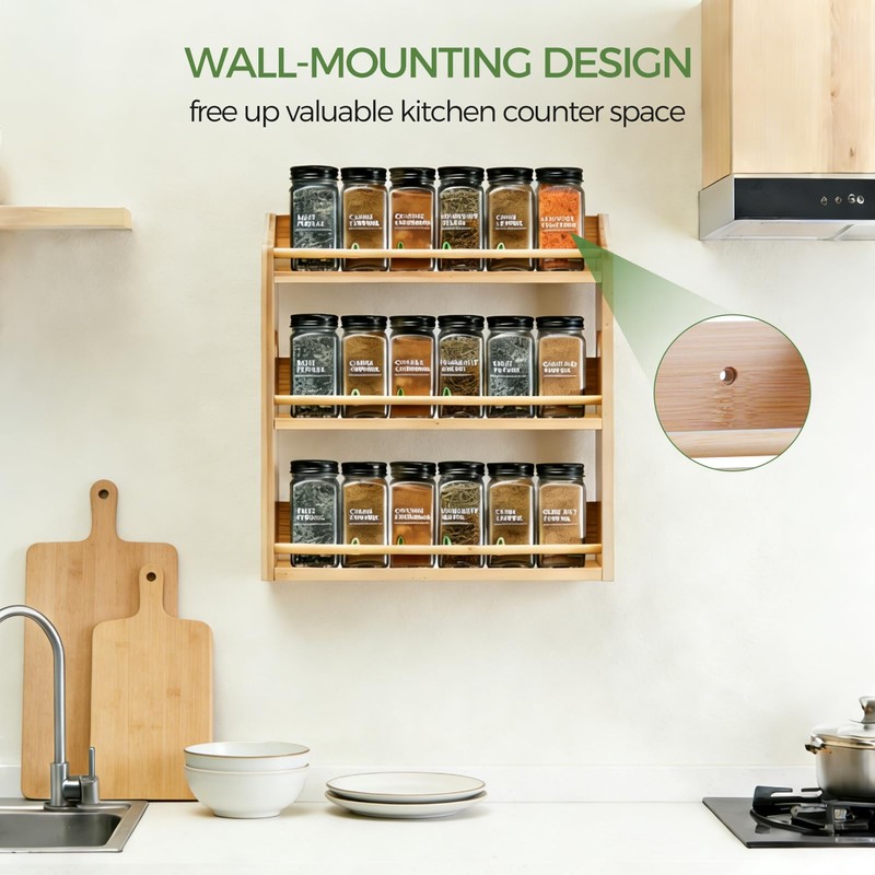 Bambition Bamboo Spice Rack Organizer, 3 Tier Spice Jars Storage