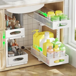 WROBTLD Under Sink Organizer, 2 Pack 2 Tier Under Sink Organizer and Storage, Slide-Out Pull-Out Cabinet Organizer, Sliding Metal Drawer for Home Kitchen, Bathroom, Pantry (White)