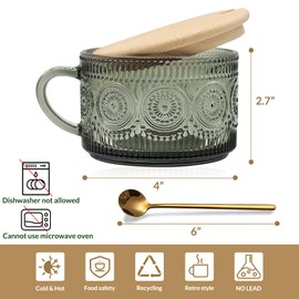 JVJRFQ Vintage Coffee Mugs Set of 4 Green, 14 Oz Overnight Oats Containers with Bamboo Lids and Spoons, Glass Breakfast Tea Cups, Cute Coffee Bar Accessories Christmas Gifts