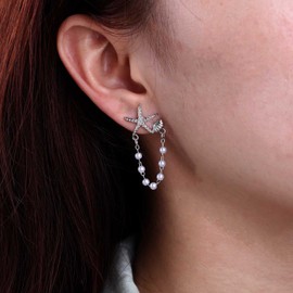 Cybche Crystal Starfish Earrings Starfish Pearl Earrings Gold Starfish Stud Earrings Pearl Tassel Drop Earrings Summer Beach Earrings Jewellery for Women, Zinc