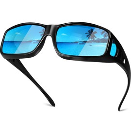 Each Cool Polarized Sunglasses Fit Over Glasses for Men Women, UV400 TAC Anti-Glare HD Lenses Driving Sunglasses for Outdoor Activities & Driving (Glossy Black Frame Blue Lens)