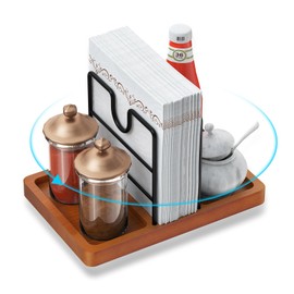 PENGARO Napkin Holder for Table, 360° Rotating Napkin Holders Metal Dining Napkin Dispenser with Salt and Pepper Shakers Holder, Standing Paper Napkin Storage for Kitchen Dining Table, Brown