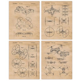 Vintage Flying Drones Machines Patent Prints, 4 (8x10) Unframed Photos, Wall Art Decor Gifts Under 20 for Home Office Garage Man Cave School College Engineer Student Teacher Coach NASA Aviation Champs