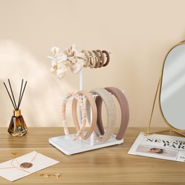 Josmimic Organizer Headband Holder for Hair Accessories: Two-Tier Stand with Storage Tray for Girls, Perfect for Vanity, Dresser, or Bathroom, White Tray with White Rods