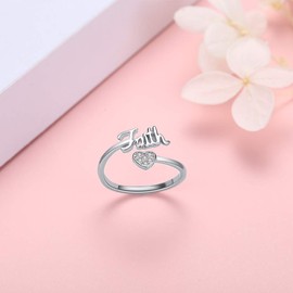 Faith Ring for Women Engraved Faith Love Heart Ring Inspirational Jewelry Adjustable Rings for Birthday Christmas