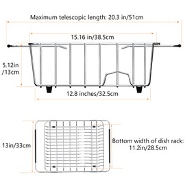NiuYichee Stainless Steel Dish Drying Rack(15.2"L X 13"W X 5.8"H), Expandable Fruit & Vegetable Drain Rack over Sink, Dish Drainer Rack in Sink, with Stainless Steel Utensil Holder & Silicone Mat(16")