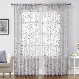 HOMEIDEAS Light Grey Sheer Curtains 52 X 96 Inches Length 2 Panels Embroidered Vine Floral Pattern Pocket Faux Linen Semi Sheer Voile Window Curtains/Drapes for Bedroom Living Room