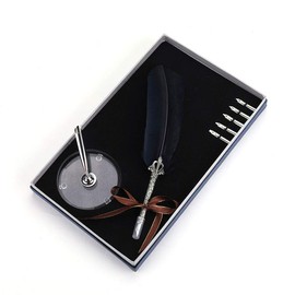 HBEDU Feather Pen English Calligraphy Dip Pens Set with Stand and 5pcs Stainless Steel Nibs Hand Craft Pen in Gift Box(Black)