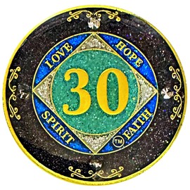 Simply Minimal NA 30 Year Crystals and Glitter Medallion, Gold Multicolor, Circle, 1.3" (34mm), True Charm Compatibility, Recovery Coin with Crystals and Glitter