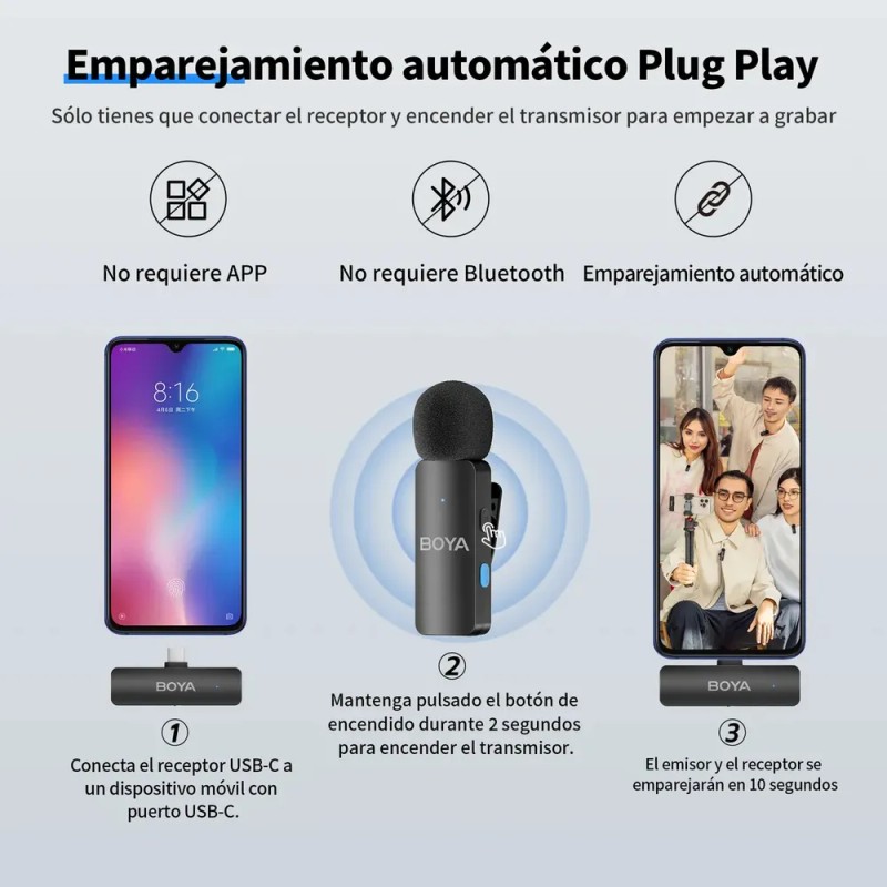 Micrófono inalámbrico de solapa BY-v4u para Android Negro Boya