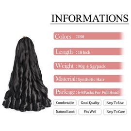 French Curly Braiding Hair 18 Inch Loose Wavy 6 Packs Black Bouncy Braiding Hair Extensions 90g/Pack Synthetic French Curl Crochet Hair for Black Women (18 Inch,6 Packs,1B)