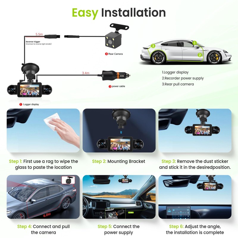 Hodozzy 1080p 4 Channel Car Dashcam, 360° Dash Camera Front