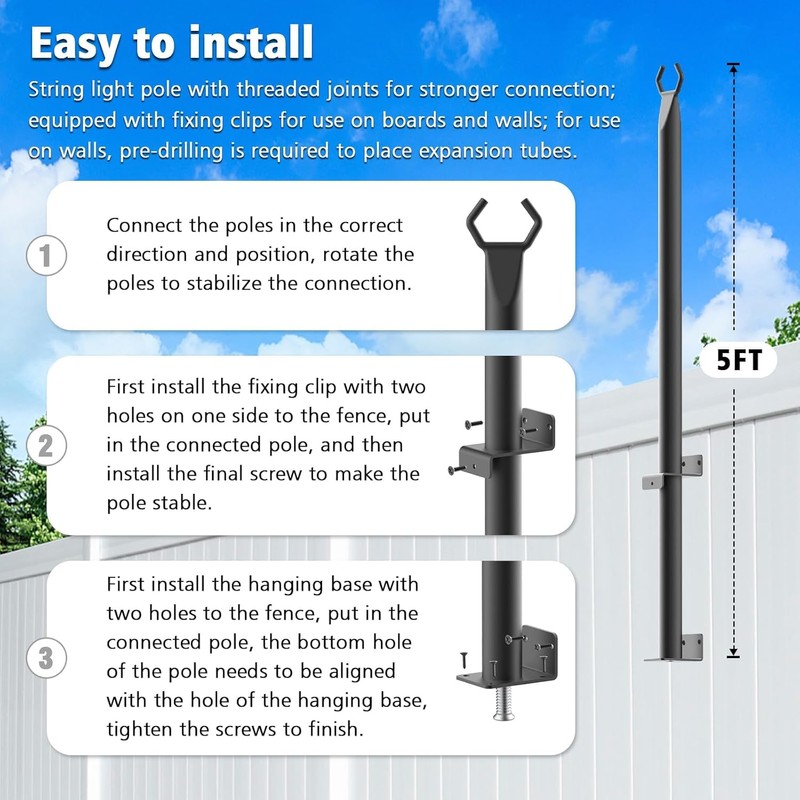 10 Pack String Light Poles,5Ft Metal Poles for Outdoor String
