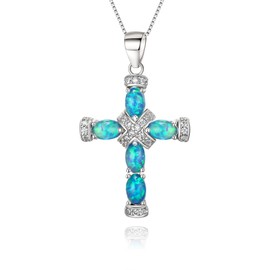 EVER FAITH October Birthstone Created Oval-Shaped Opal Necklace Gift for Women, Classic Cross Pendant Box Chain Necklaces Suitable for Christmas/Valentine’s Day/Mother Day Blue Silver-Tone