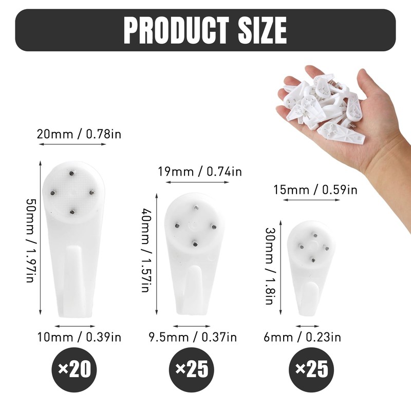 Non-Trace Picture Hooks Kit for Hard Walls, 70 Pcs Assorted