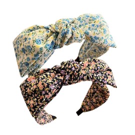 2 x Boho Bow Tie, Knotted Fabric Headbands, Knotted Hair Bands, Elastic Fabric Headwear, Vintage Flower Headband, Turban Headband for Women (Floral2DE)