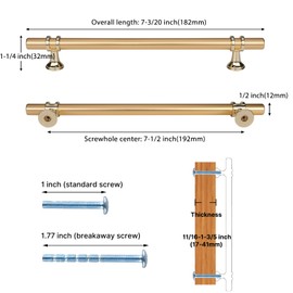 Haliwu 10 Pack Gold Cabinet Handles, Brushed Brass Cabinet Pulls Kitchen Handles Barrel Drawer Dresser Knobs Champagne Gold Pull Kitchen Hardware, 7-1/2 inch(192mm) Hole to Hole Center