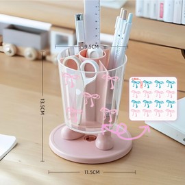 INSTOME Desk Organizer with Bow Stickers - 360° Rotating Desk Caddy with 4 Compartments,Novelty Pen Holder,Cute & Neutral Office Supplies Aesthetic for Work, School, or Home