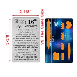 TANWIH 16 Year Anniversary Card Gifts for Him Men, 16th Wedding Anniversary Card Gifts for Husband, Engraved Metal Wallet Cards