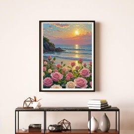 5D Diamond Painting Kits for Adults, Beach Flowers Diamond Art Kits for Adults Beginner, DIY Full Drill Diamond Dot Gem Painting for Home Wall Decor 12x16 inch
