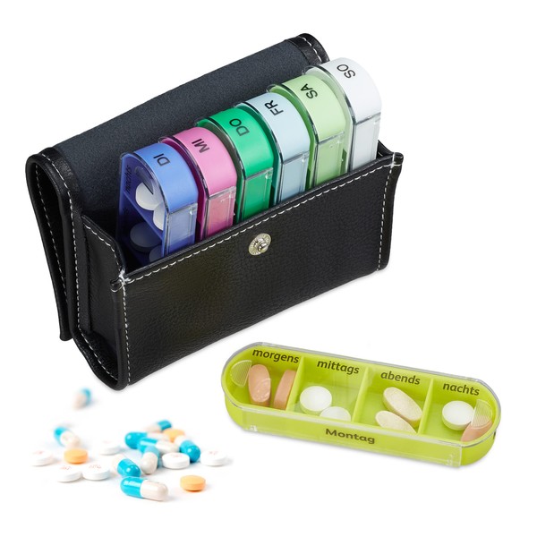 Relaxdays 7 Day Pill Box, 4 Compartments, BPA-Free Plastic, Pill Box with Bag, Travel Medicine Box, Colorful