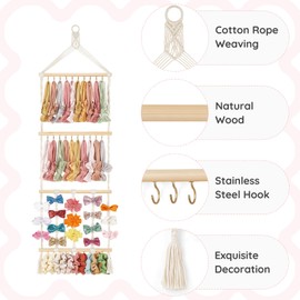 Mkono Headband Holder Hair Bow Organizer Scrunchie Holder for Girls, Macrame Bows Hanger Accessories Storage Display with 30 Hooks Wall Door Boho Nursery Bathroom Bedroom Decor for Toddler Baby