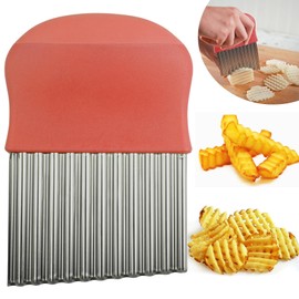 Crinkle Cutter for Veggies, Potato Fruit Wavy Chopper, Waffle Fry Cutter, French Fry Slicer, Stainless Steel Blade Cutting Tool, Red