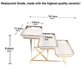 LIUYWYHCF 3-Tier Serving Rack with Ceramic Serving Tray, Foldable Gold Stand with 3 Pieces 11.4 Inch Gold Rim Large Plates for Food Display, Fruit, Dessert Server Display and Entertaining