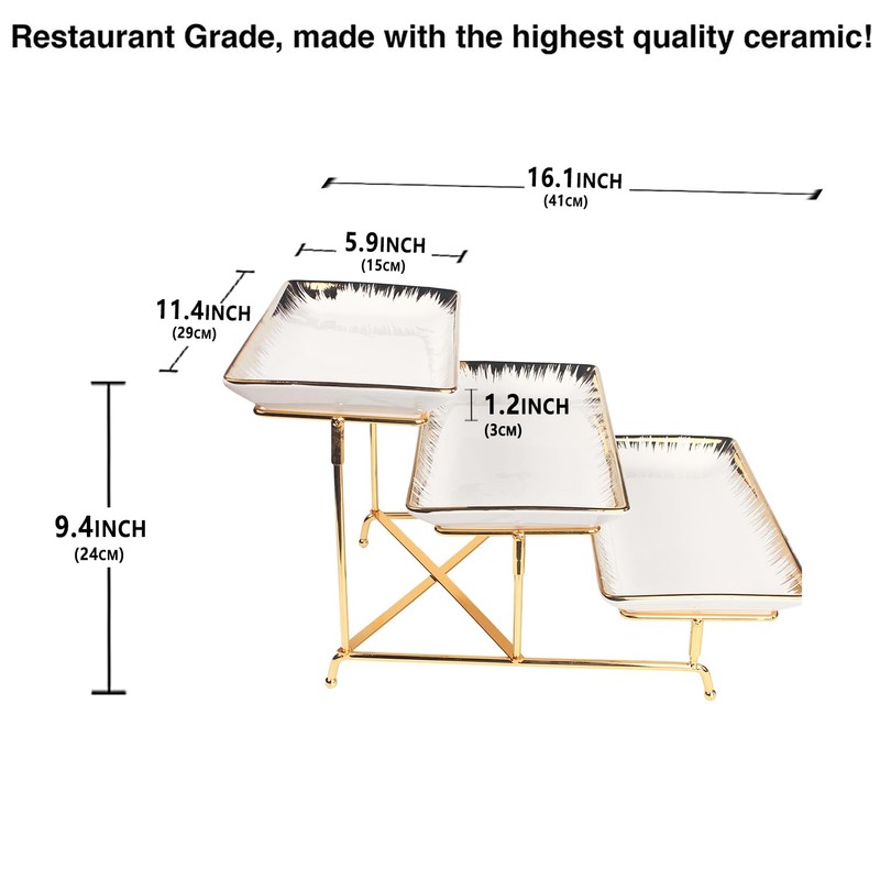 LIUYWYHCF 3-Tier Serving Rack with Ceramic Serving Tray, Foldable Gold