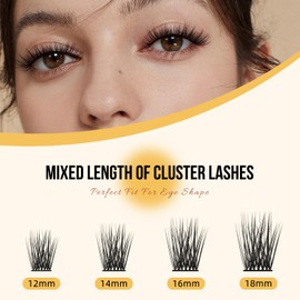 Cluster Lashes QUEWEL Individual Eyelashes 168 Pcs Lash Clusters Thin Band Cluster Eyelash Extensions C Curl MIX12-18mm Volume False Eyelashes Soft & Light For Home Use（QU34 C MIX12-18）