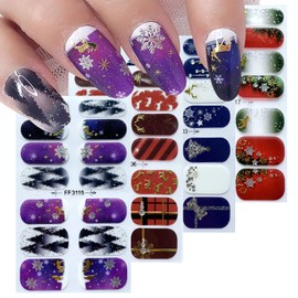 4 Sheets Christmas Nail Wraps Stickers 5D Charms Gold Reindeer Gel Nail Stickers Strips Self-Adhesive with Snowflake Xmas Trees Elk Nail Polish Strips Purple Red Full Wrap for Women Acrylic Nails DIY