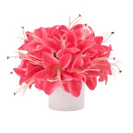 WELL KNOWN 20 Pcs Artificial Tiger Lily Flower in White Vase, Pink Fake Lily Flowers Faux Potted Plant with White Ceramic Pot for Home, Office, Indoor Decor and Party Gifts