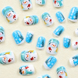 MERVF Christmas Press on Nails Short Square Fake Nails Blue Snowman Glue on Nails Tree Press ons with Snowflake Winter Design Cute Squoval Acrylic Nails Glossy 24pcs