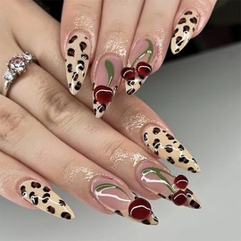 LOPMNGHT 24Pcs Leopard Press on Nails 3D Cherry False Nails French Tip Press on Nails Long Length Leopard Nails Almond Stick on Nails Full Cover Coffin Nails Artificial Glue on Nails for Women