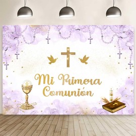 MEHOFOND 7x5ft Mi Primera Comunión Backdrop Watercolor Purple Baptism Photography Background Pastel Purple God Bless Chalice Doves Gold Glitter Dots First Holy Communion Decor Banner Photo Props