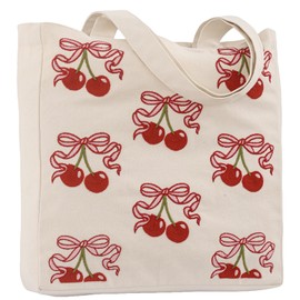 Perseverance Trade Aesthetic Embroidery Canvas Tote Bag for Women Red Cherry Cute Shoulder Bag with Magnetic Buckle and Zipper Inner Pocket Reusable Cotton Bag for Shopping Grocery Beach Work Book Gym