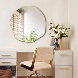 POZINO Asymmetrical Mirror, 25" Irregular Wall Mirrors, Modern Scalloped Round Mirror, Gold Waved Decorative Rounded Mirrors for Bathroom Living Room Bedroom Entryway Fireplace