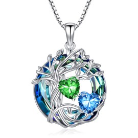 TOUPOP s925 Sterling Silver Family Tree of Life Pendant Necklaces with 2 Heart Birthstone with Crystal Jewellery Birthday Christmas Gifts for Women Her, Sterling Silver, Cubic Zirconia