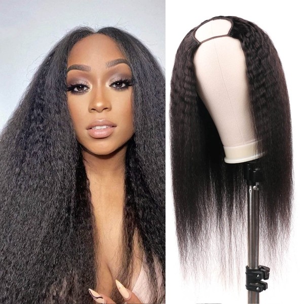 Huarisi Long Kinky Straight U Part Wigs Human Hair for Women, None Lace Front Wigs Yaki Straight Hair Glueless, Natural Color 22 Inch 150% Density Wigs Easy to Wear