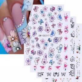 Spring Flower Nail Stickers for Nail Art - WLGDLH Butterflie Nail Art Stickers 3D Self Adhesive Nail Decals Multi-Color Floral Nail Art Supplies Stickers for Nails Art Decoration 4 Sheets