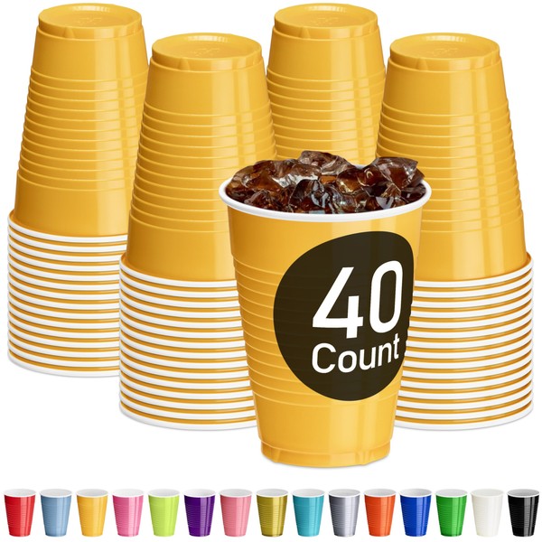DecorRack 40 Party Cups, 12oz Reusable Disposable Soda Cups for Birthday Party, Bachelorette, Camping, Indoor Outdoor Events, Beverage Drinking Cups, Round -BPA Free- Plastic Cups, Yellow (40 Pack)