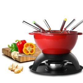 Artestia 11-Piece Cast Iron Fondue Set with Adjustable Burner 6 Colored Forks, 5-Cup Red Cheese Fondue Pot, Perfect for Chocolate, Caramel, Meat, 4-6 Person