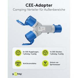 goobay 76236 Caravan CEE Plug to 2 x CEE Female Portable Adapter with Protective Cover Waterproof IP44