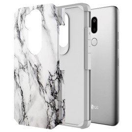Rosebono for LG G7 Thinq Case, Slim Hybrid Dual Layer Shockproof Hard Cover Graphic Fashion Cute Colorful Silicone Skin Cover Armor Case for LG G7 Thinq (White Marble)